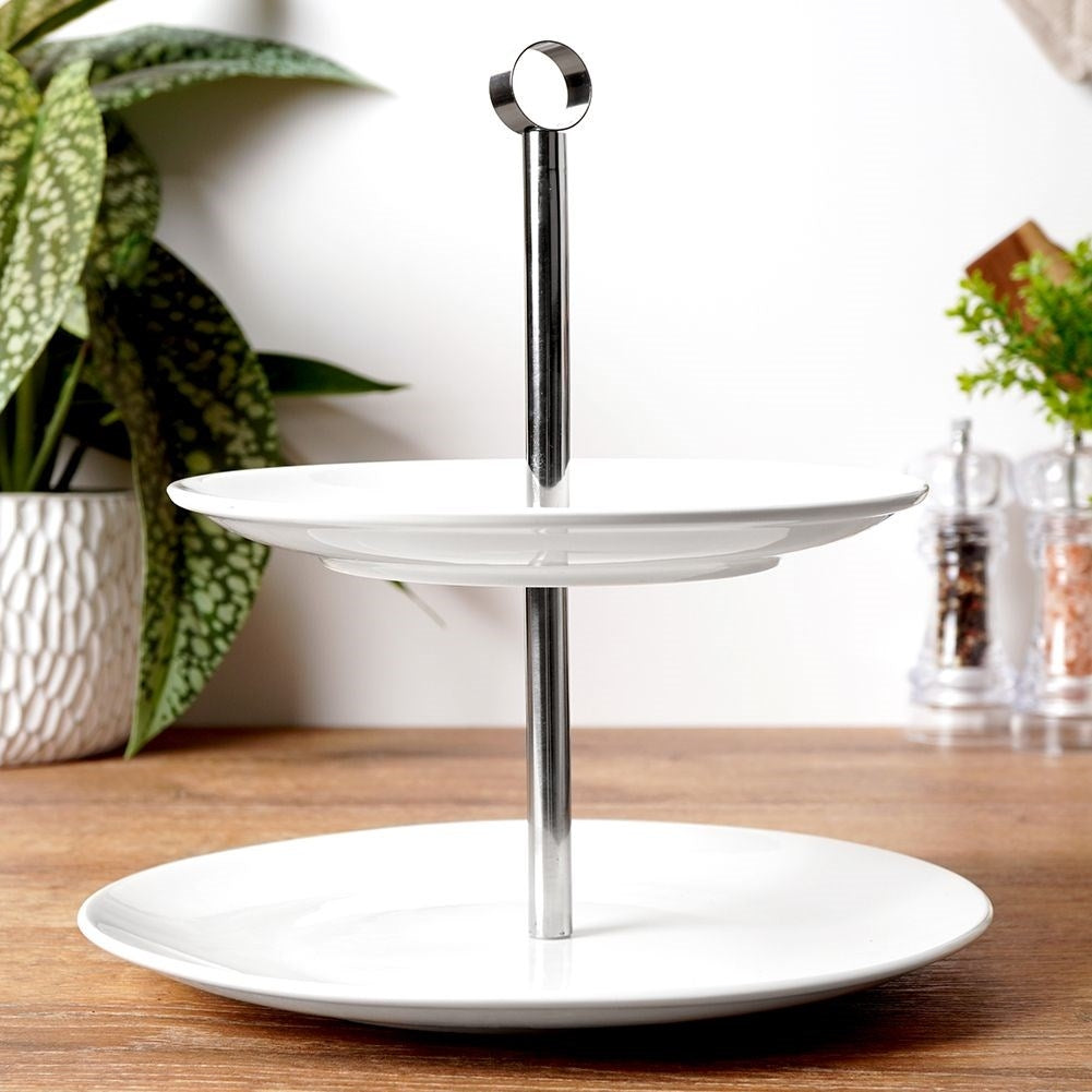Two-tier cookie dish in white porcelain and stainless steel