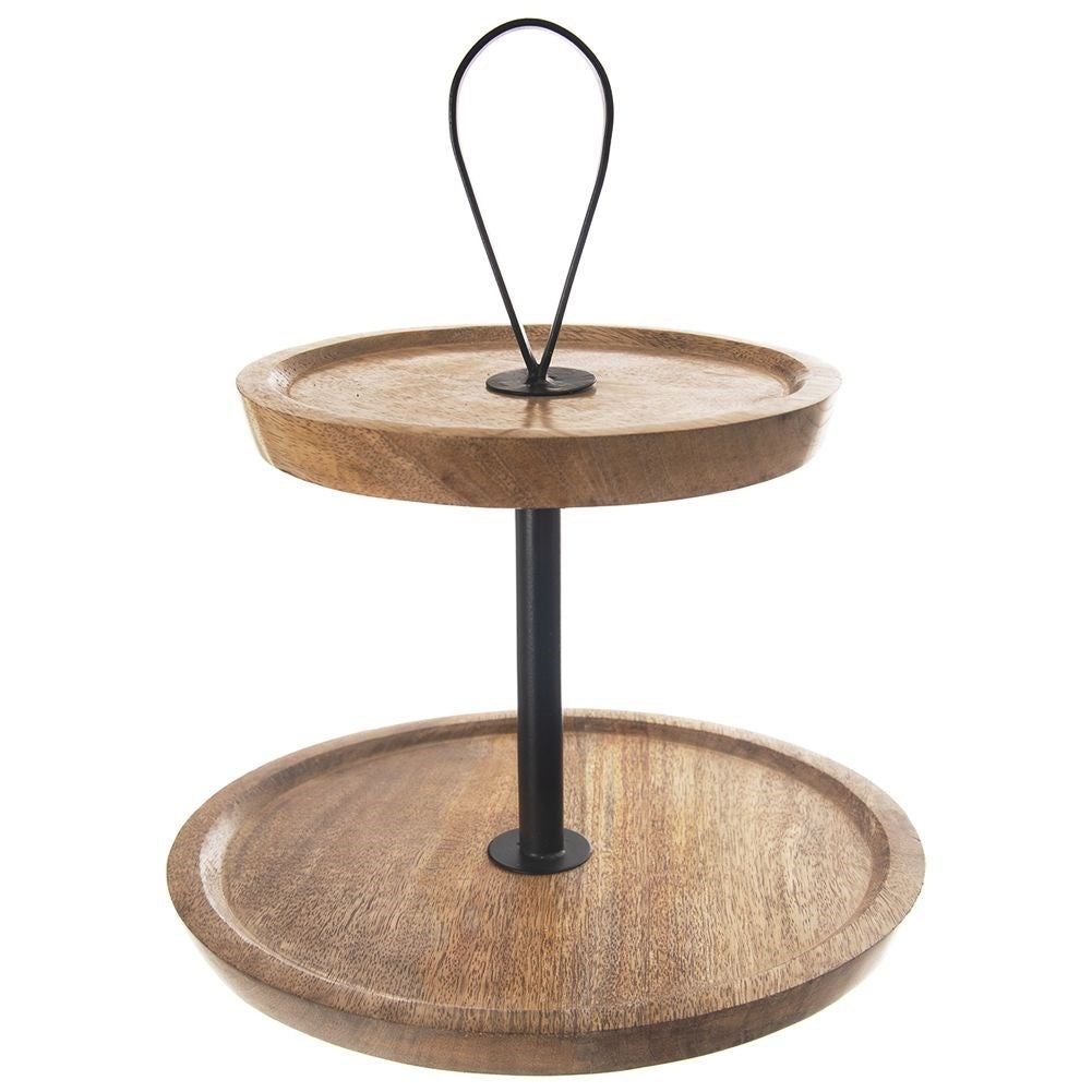 Two-tier cookie tray in mango wood and metal for cookies and snacks