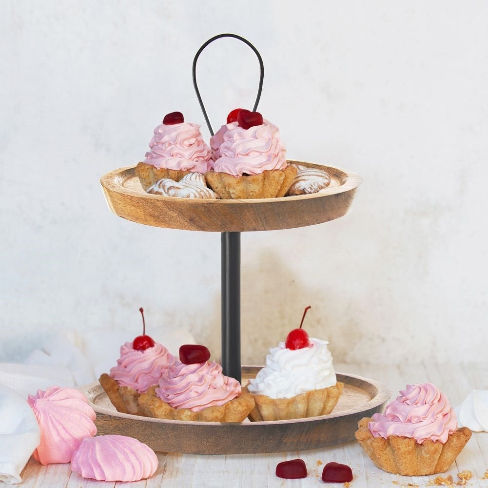 Two-tier cookie tray in mango wood and metal for cookies and snacks