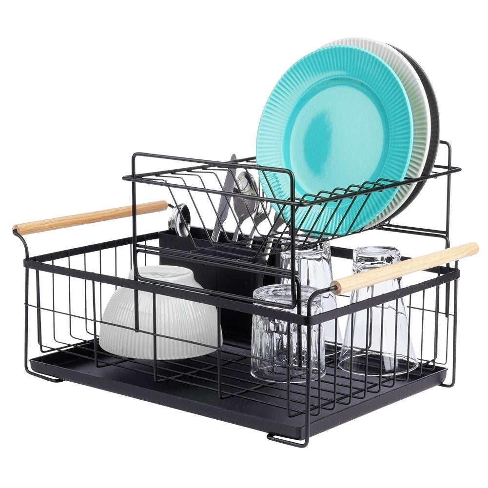 Two-tier dish rack black with bamboo handle and drip tray