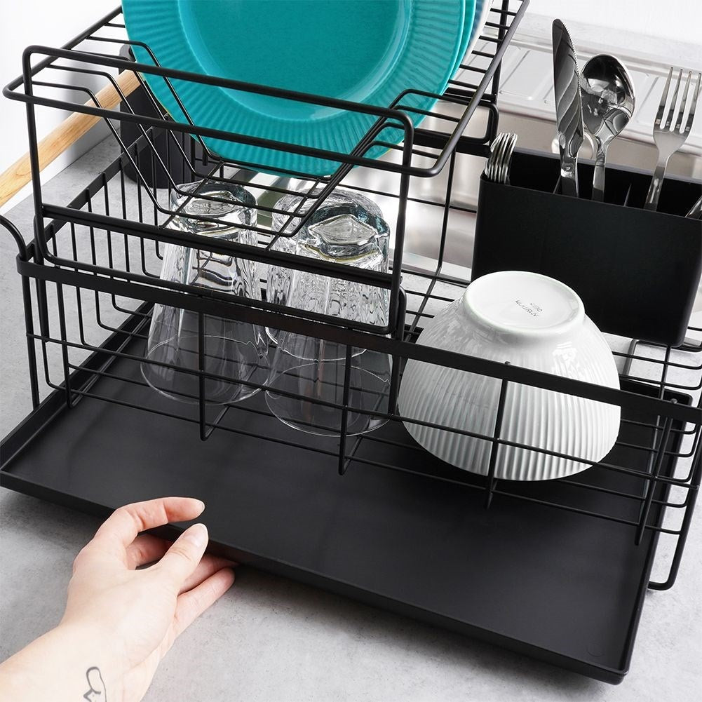 Two-tier dish rack black with bamboo handle and drip tray