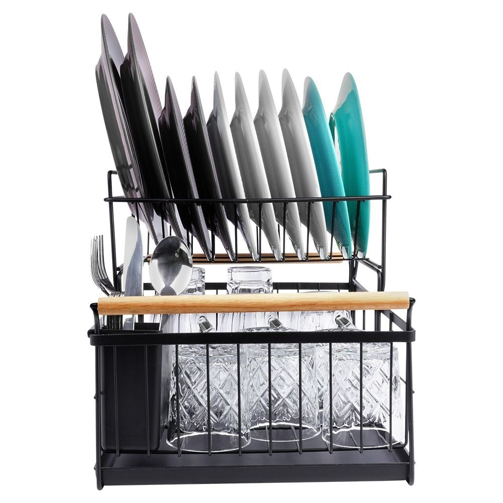 Two-tier dish rack black with bamboo handle and drip tray