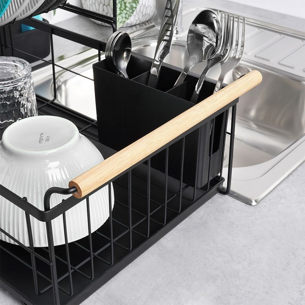 Two-tier dish rack black with bamboo handle and drip tray