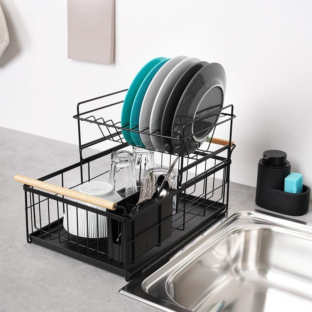Two-tier dish rack black with bamboo handle and drip tray