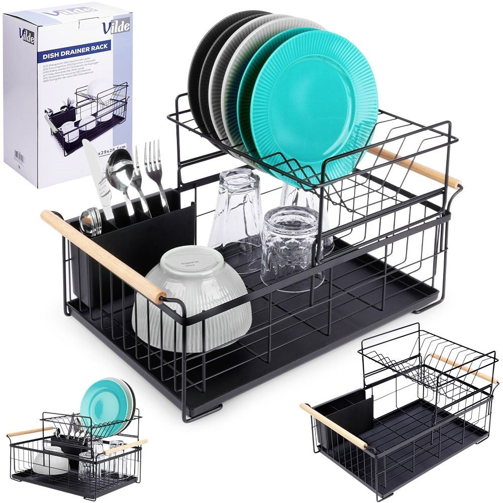 Two-tier dish rack black with bamboo handle and drip tray