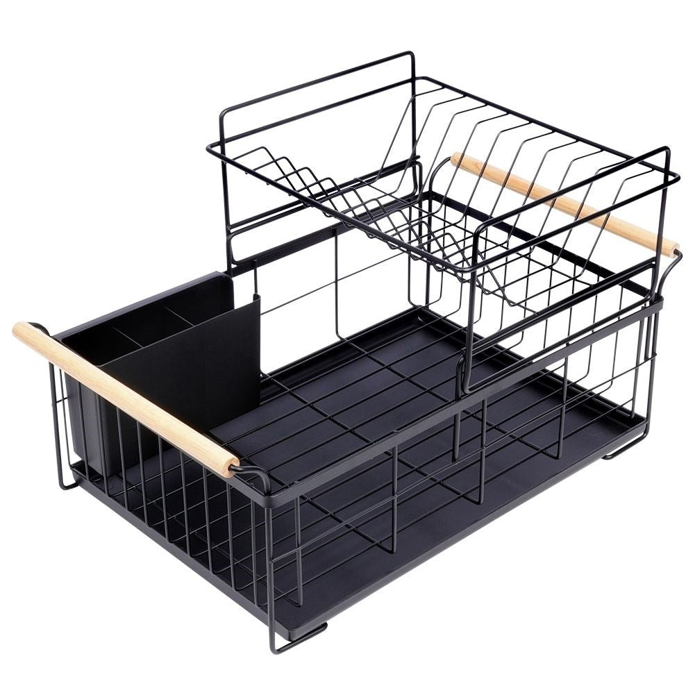 Two-tier dish rack black with bamboo handle and drip tray