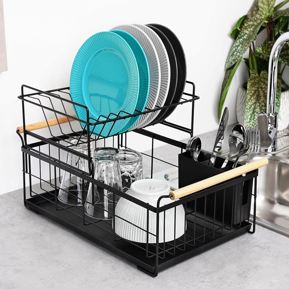 Two-tier dish rack black with bamboo handle and drip tray