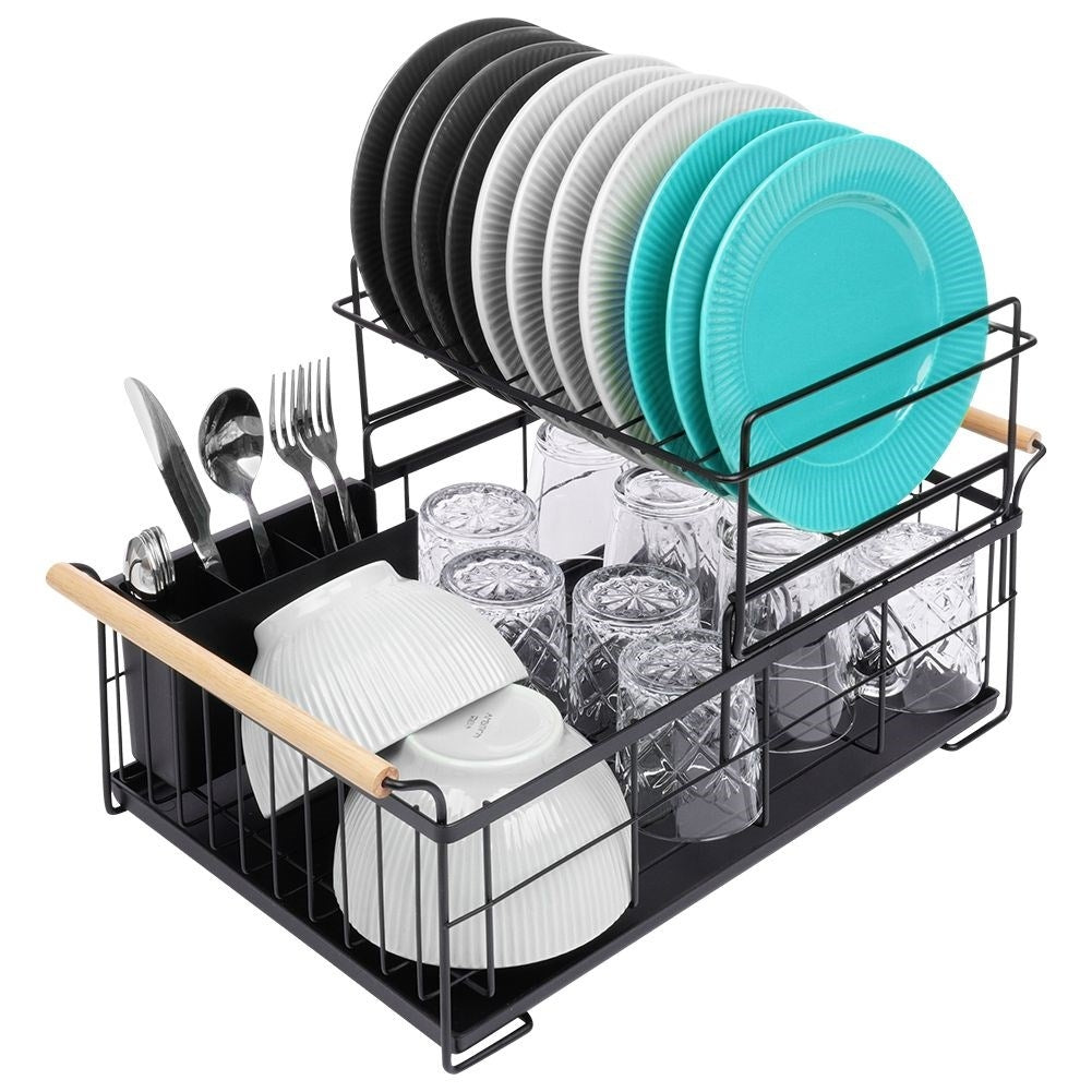 Two-tier dish rack black with bamboo handle and drip tray