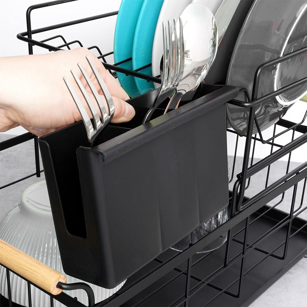 Two-tier dish rack black with bamboo handle and drip tray