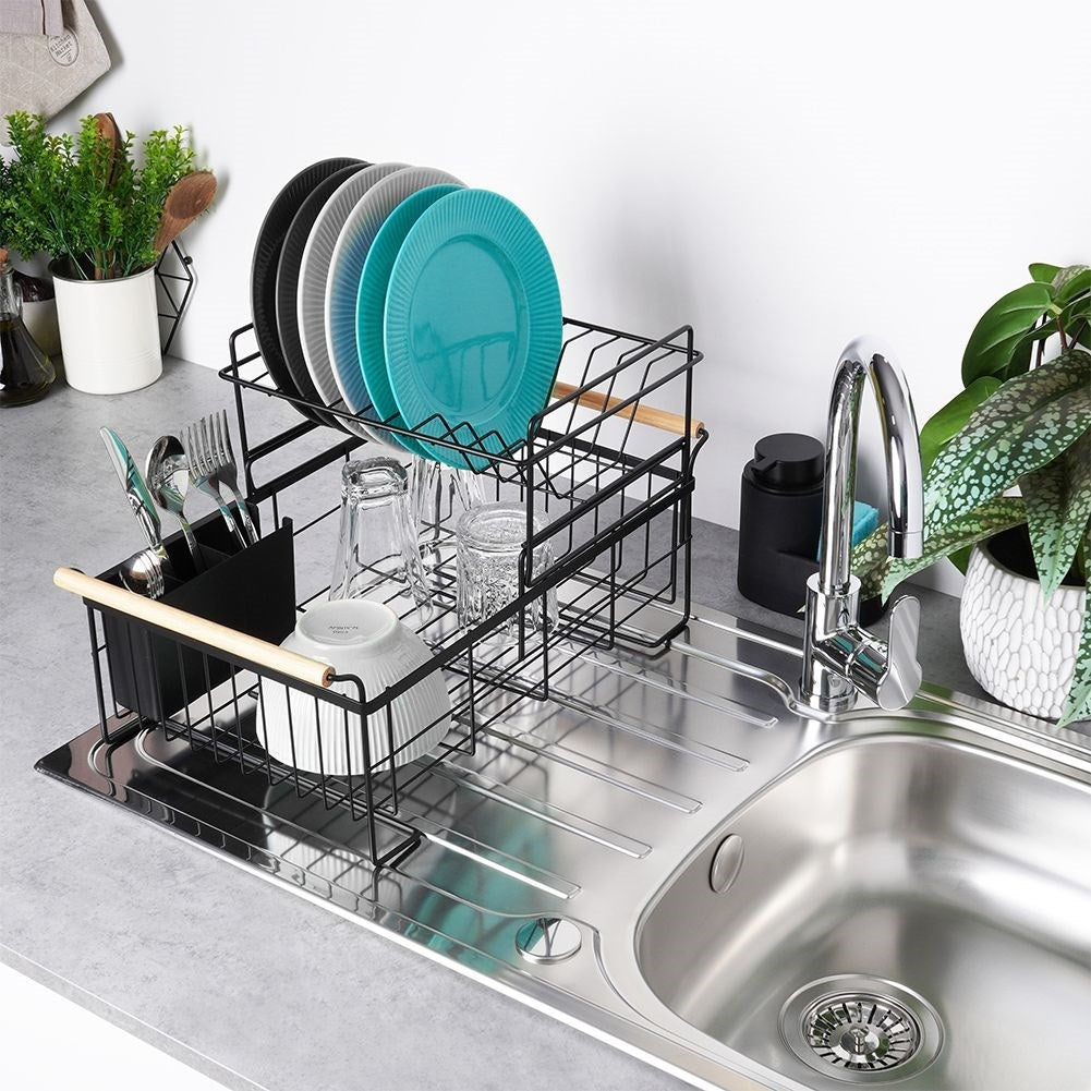Two-tier dish rack black with bamboo handle and drip tray
