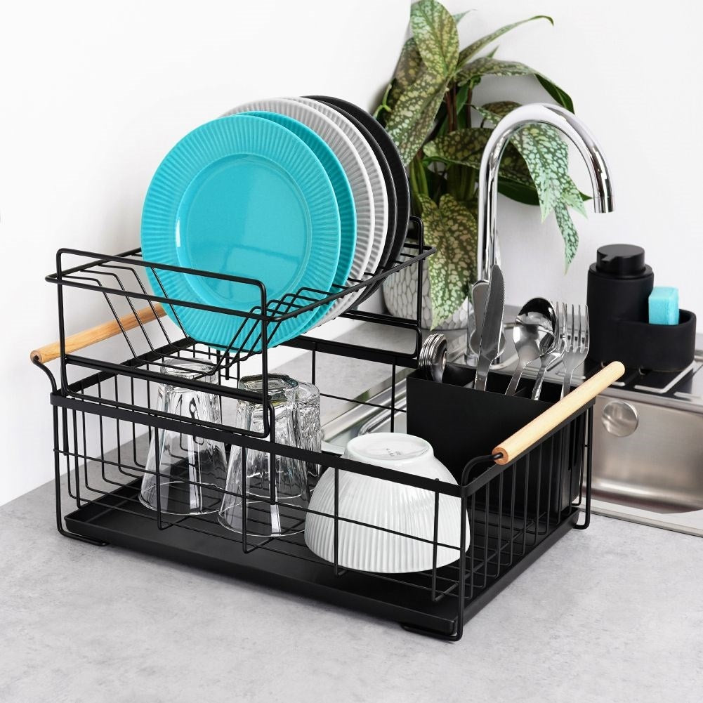 Two-tier dish rack black with bamboo handle and drip tray