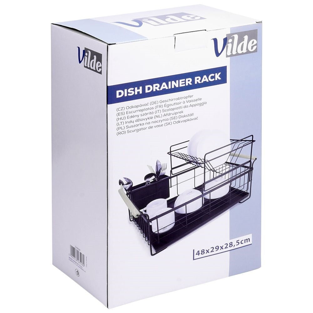 Two-tier dish rack black with bamboo handle and drip tray