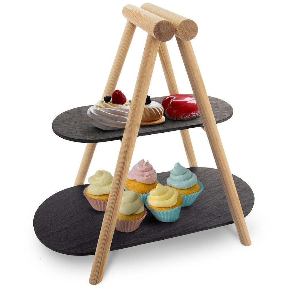 Two-tier platter for charcuterie, cheeses, cakes and fruit