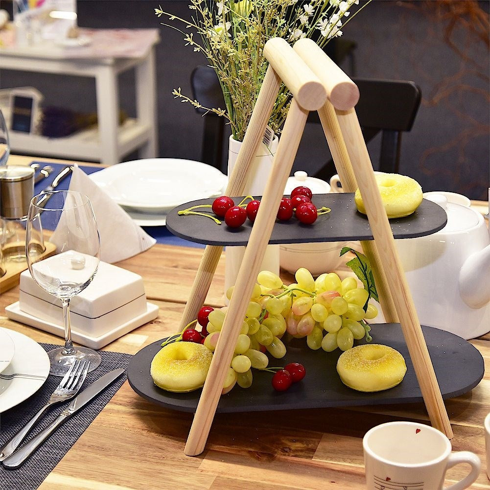 Two-tier platter for charcuterie, cheeses, cakes and fruit