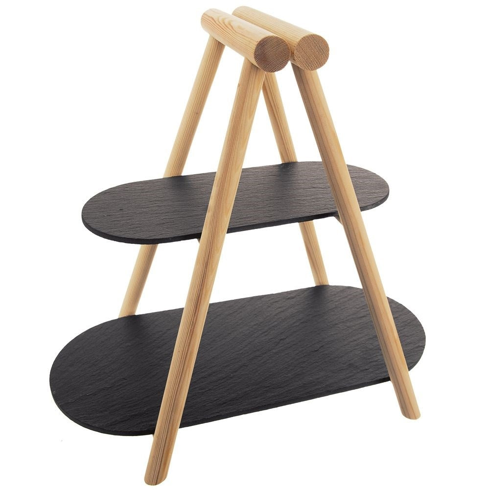 Two-tier platter for charcuterie, cheeses, cakes and fruit