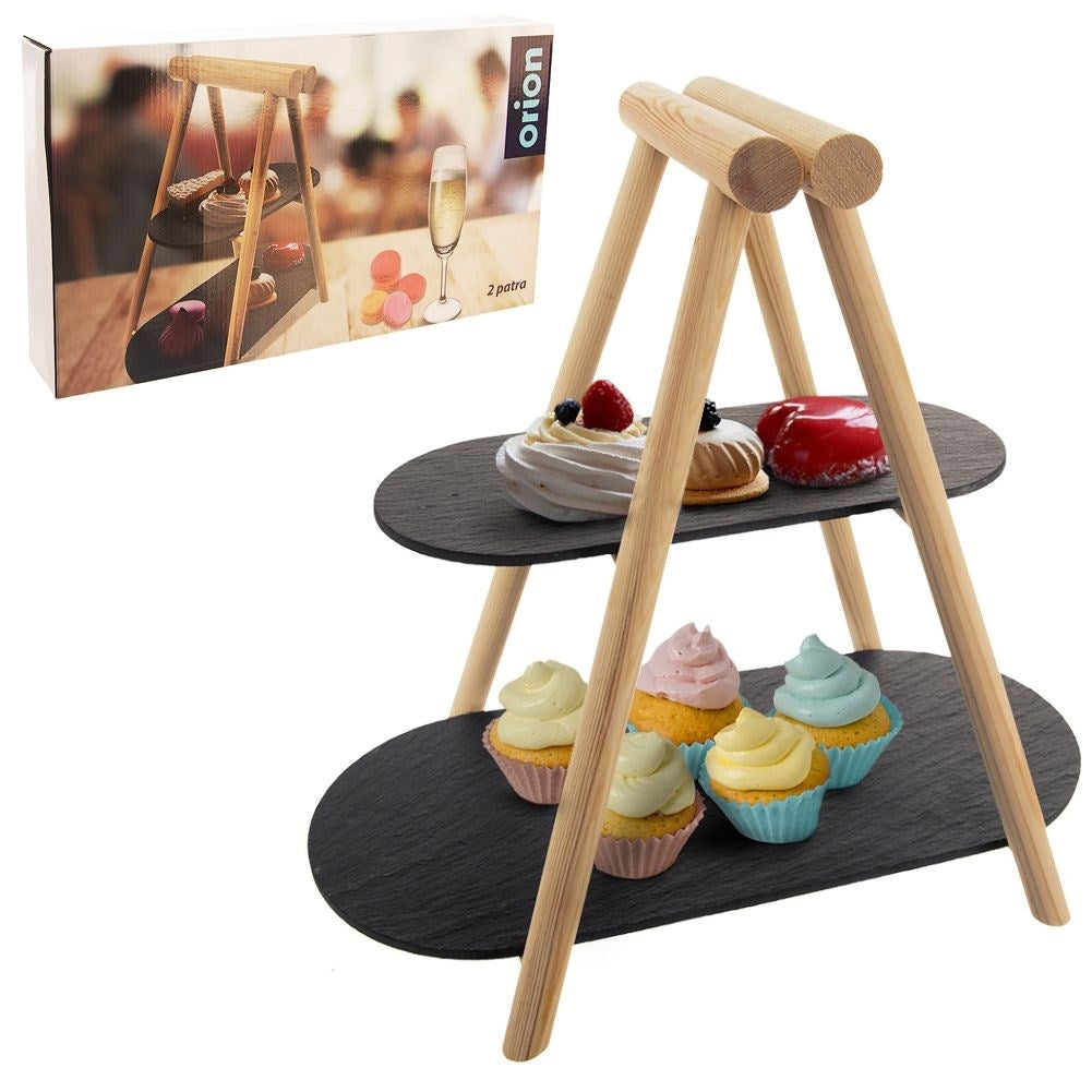 Two-tier platter for charcuterie, cheeses, cakes and fruit
