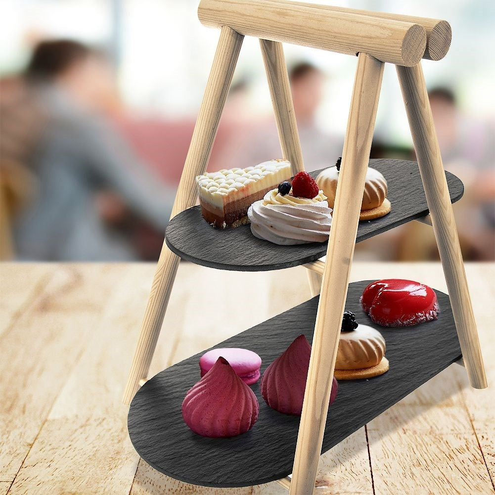 Two-tier platter for charcuterie, cheeses, cakes and fruit