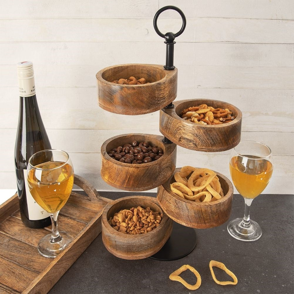 Two-tier serving platter with bowls in mango wood for snacks