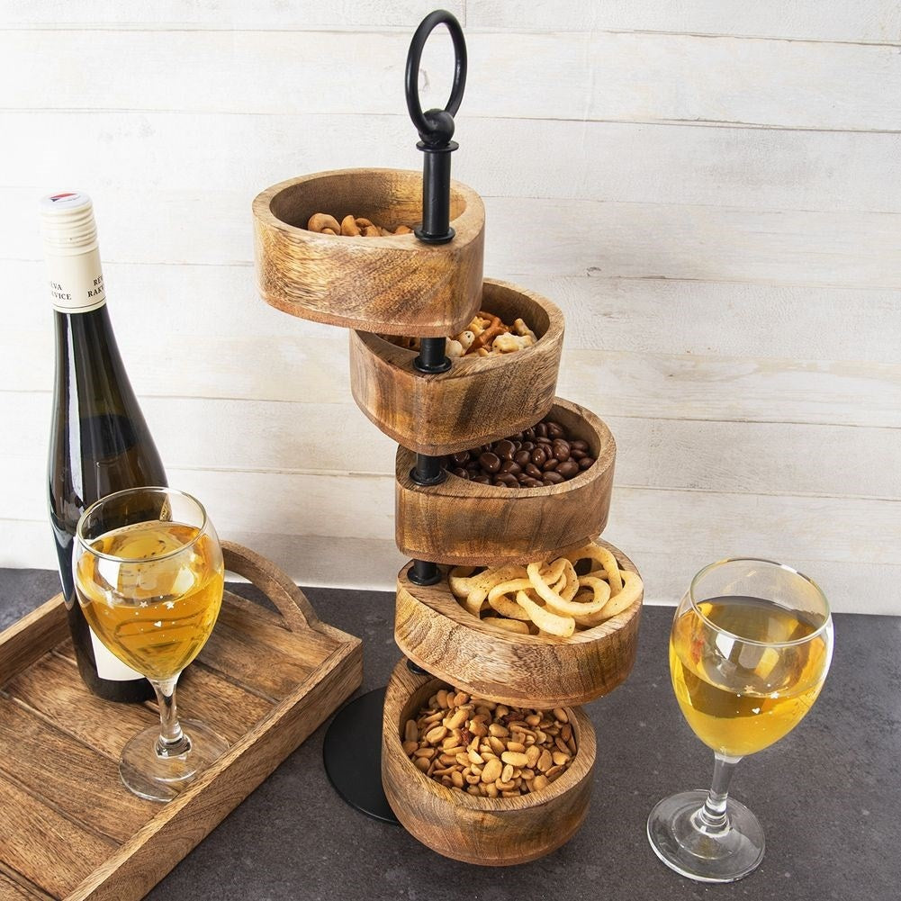 Two-tier serving platter with bowls in mango wood for snacks
