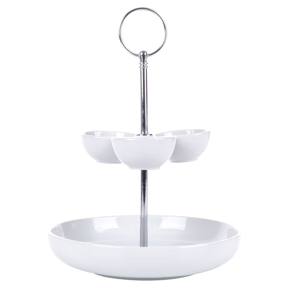 Two-tier tray for cakes, pastries, fruit and snacks