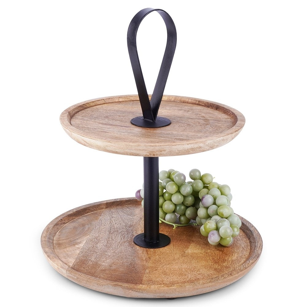 Two-tier tray in mango wood for cakes, fruit and snacks