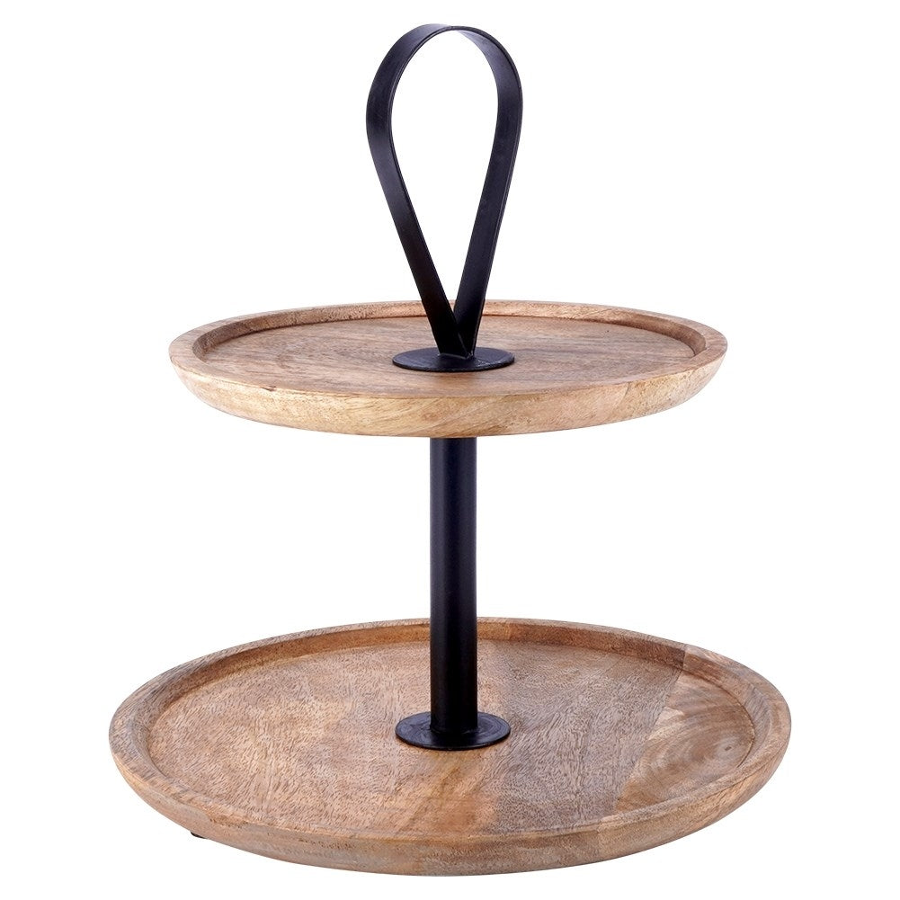 Two-tier tray in mango wood for cakes, fruit and snacks
