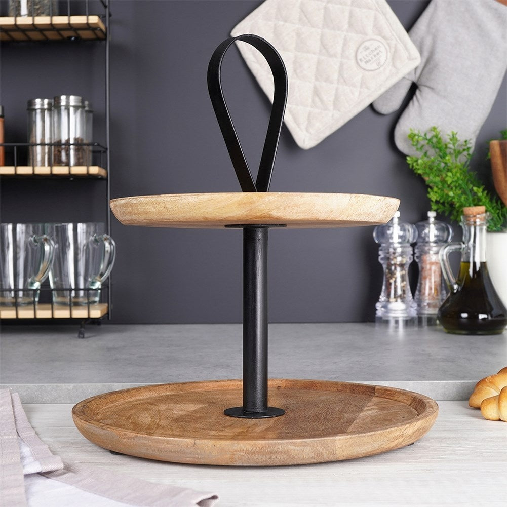 Two-tier tray in mango wood for cakes, fruit and snacks