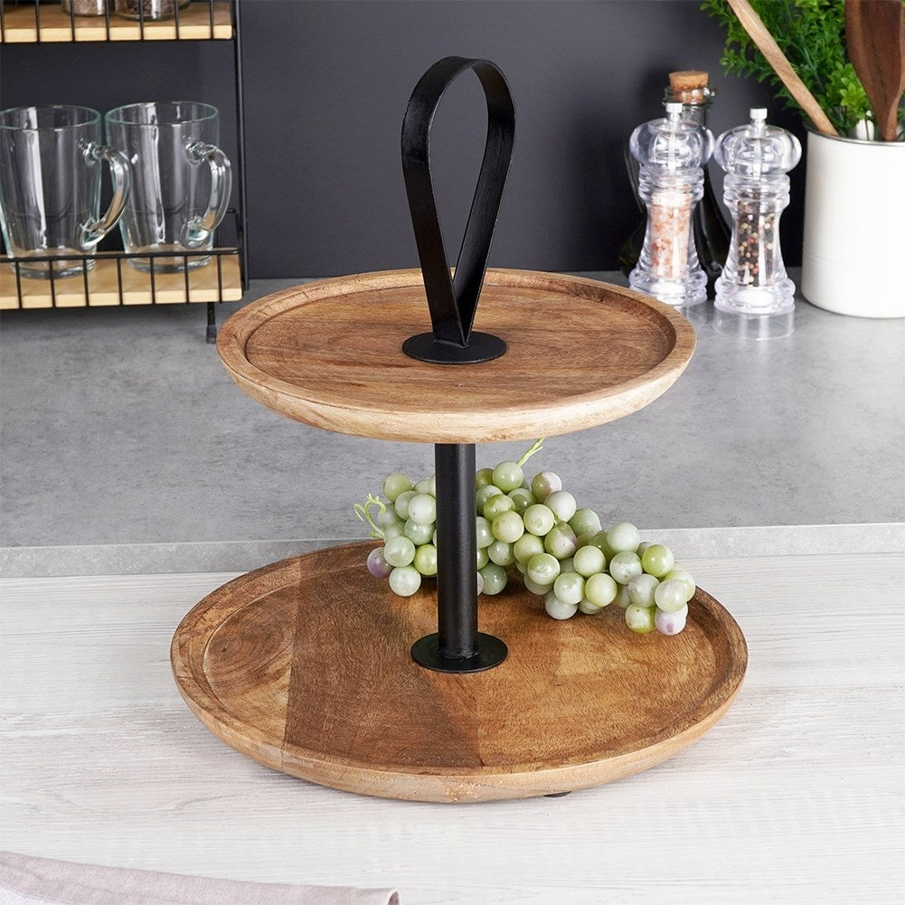 Two-tier tray in mango wood for cakes, fruit and snacks