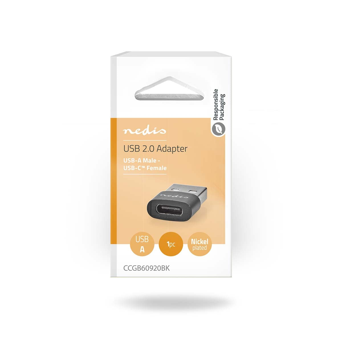 USB-A Adapter | USB 2.0 | USB-A Male | USB-C™ Female | 480 Mbps | Round | Nickel Plated | Black | Box