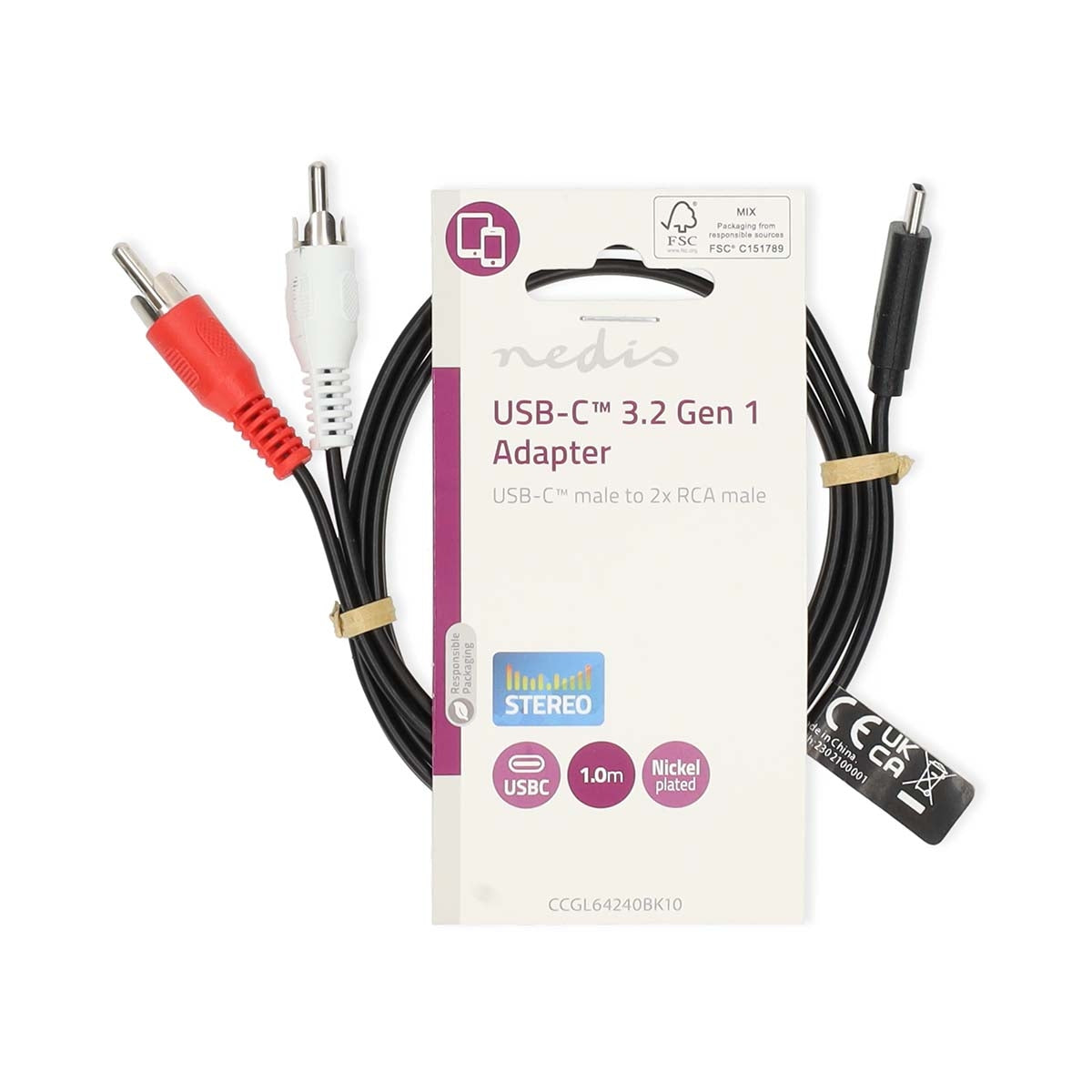 USB-C™ Adapter | USB 3.2 Gen 1 | USB-C™ Male | 2x RCA Male | 1.00 m | Round | Nickel Plated | PVC | Black | Label