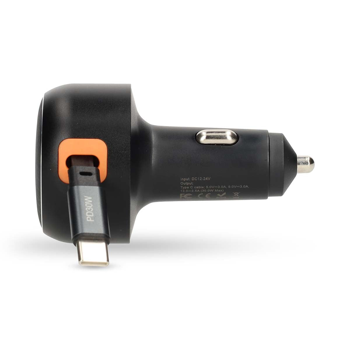 USB-C Car Charger, 30W, Retractable Cable, Auto Voltage