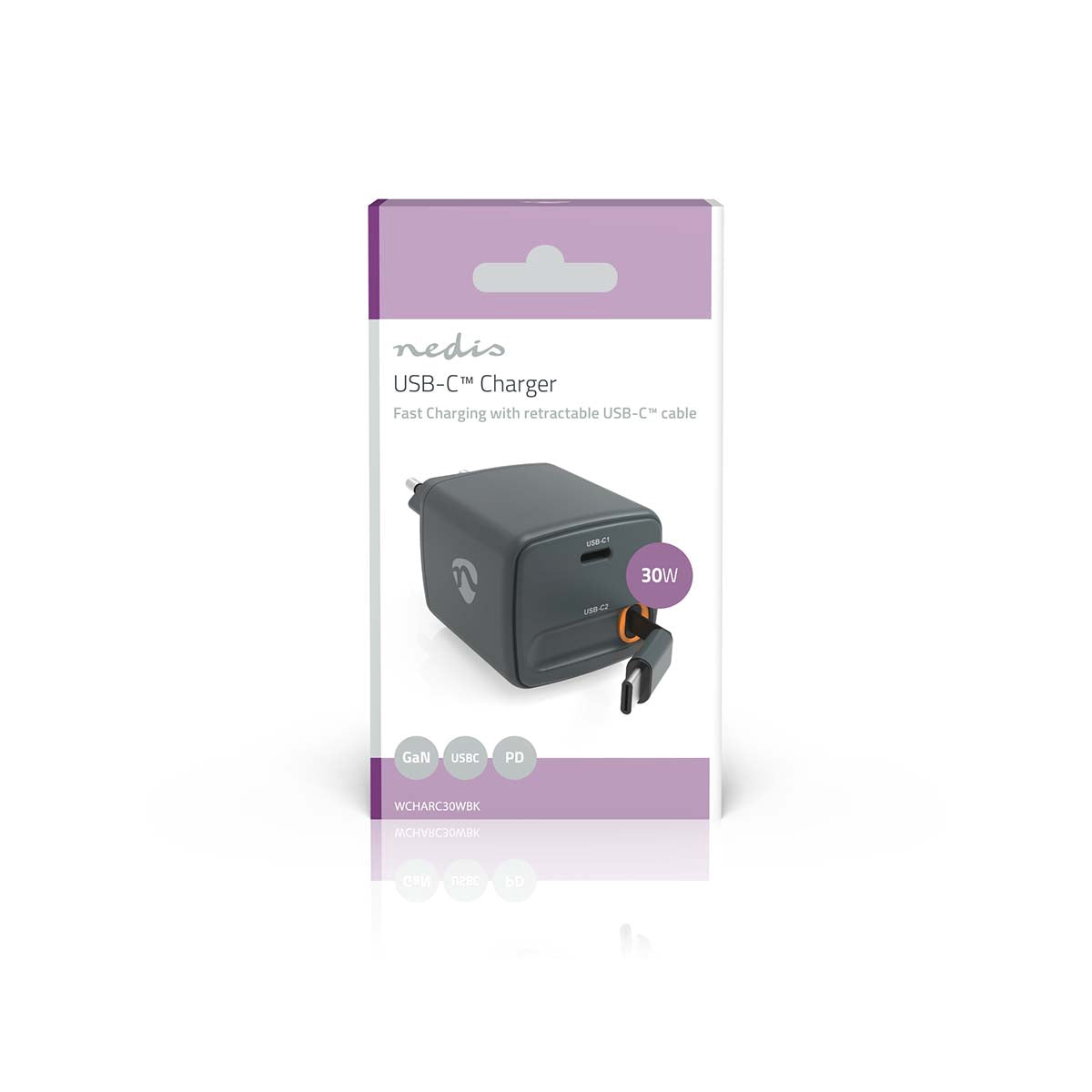 USB-C Wall Charger with 30W Retractable Cable, GaN, PD3.0