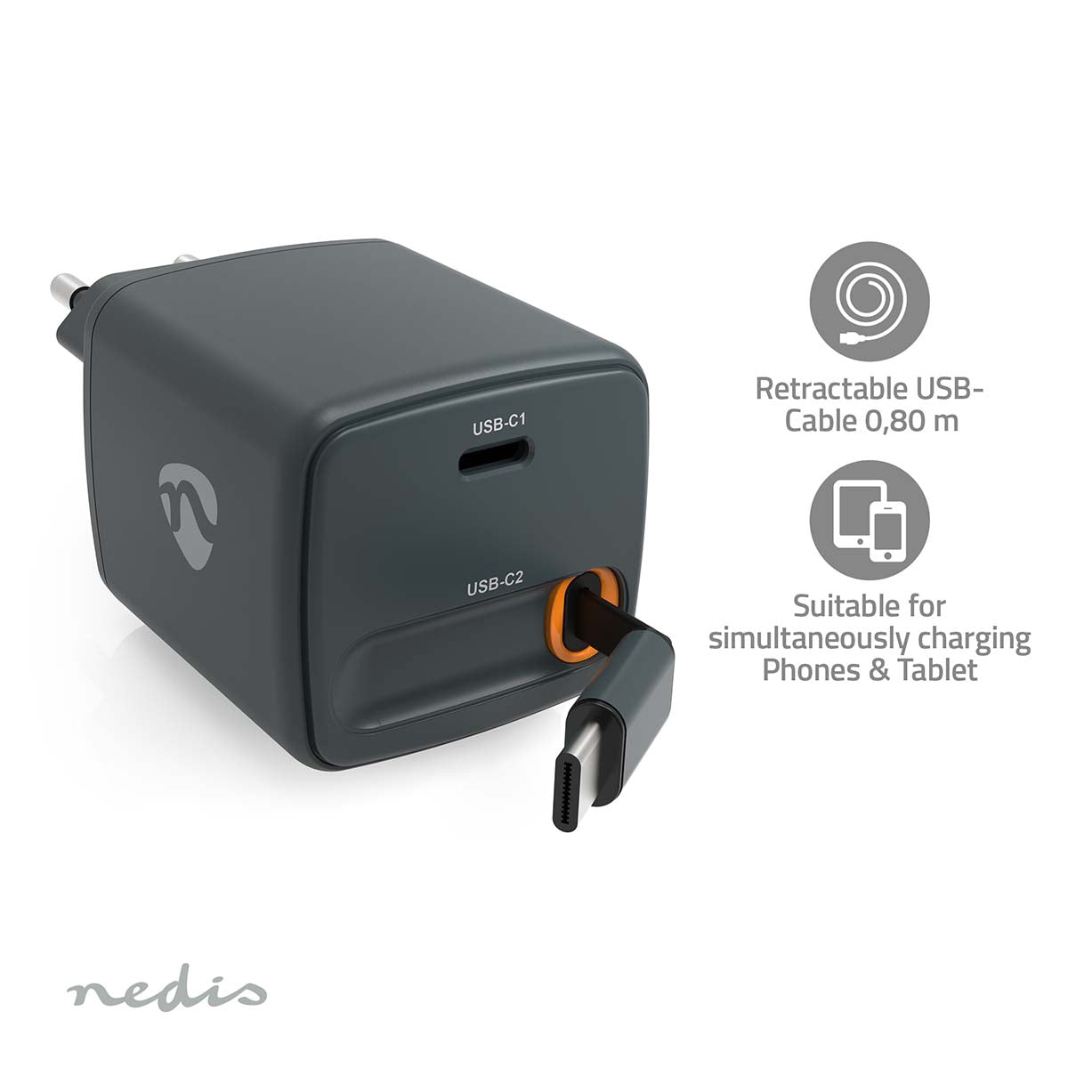 USB-C Wall Charger with 30W Retractable Cable, GaN, PD3.0