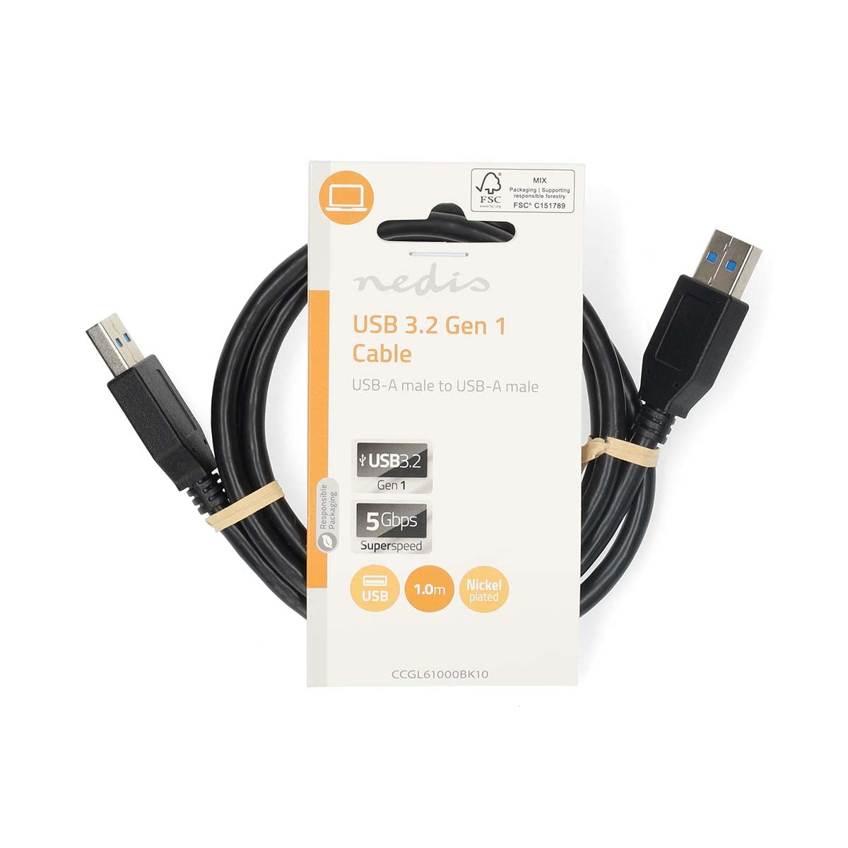 USB Cable | USB 3.2 Gen 1 | USB-A Male | USB-A Male | 5 Gbps | Nickel Plated | 1.00 m | Round | PVC | Black | Label