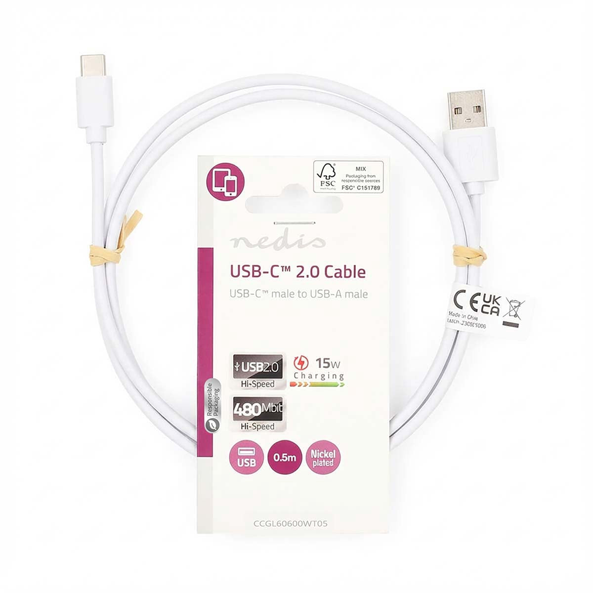 USB-C to USB-A Cable, 0.5m, 15W, 480 Mbps, White