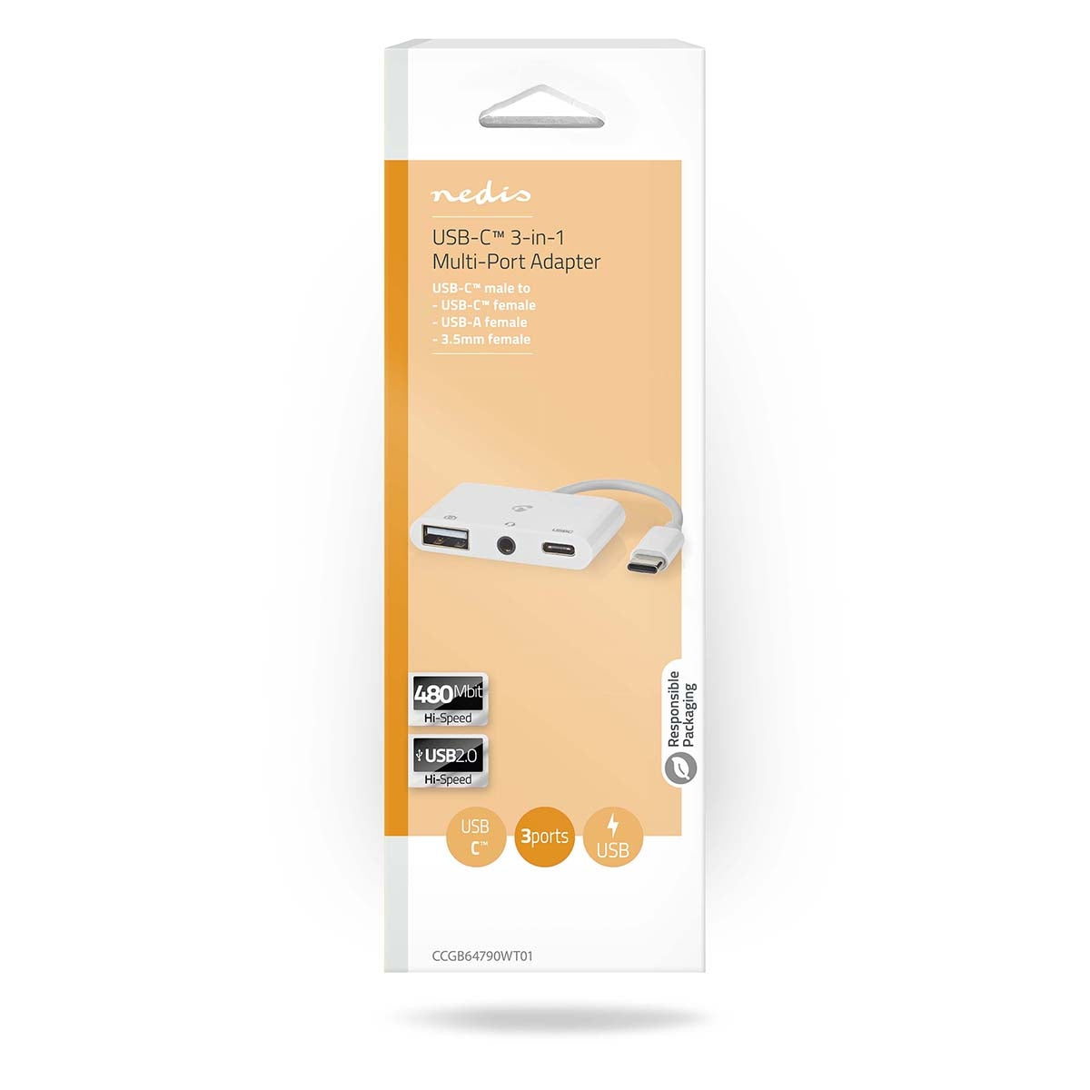 USB Multi-Port Adapter | USB 2.0 | USB-C™ Male | USB-A Female / USB-C™ Female / 3.5 mm Female | 480 Mbps | 0.10 m | Round | Nickel Plated | PVC | White | Box