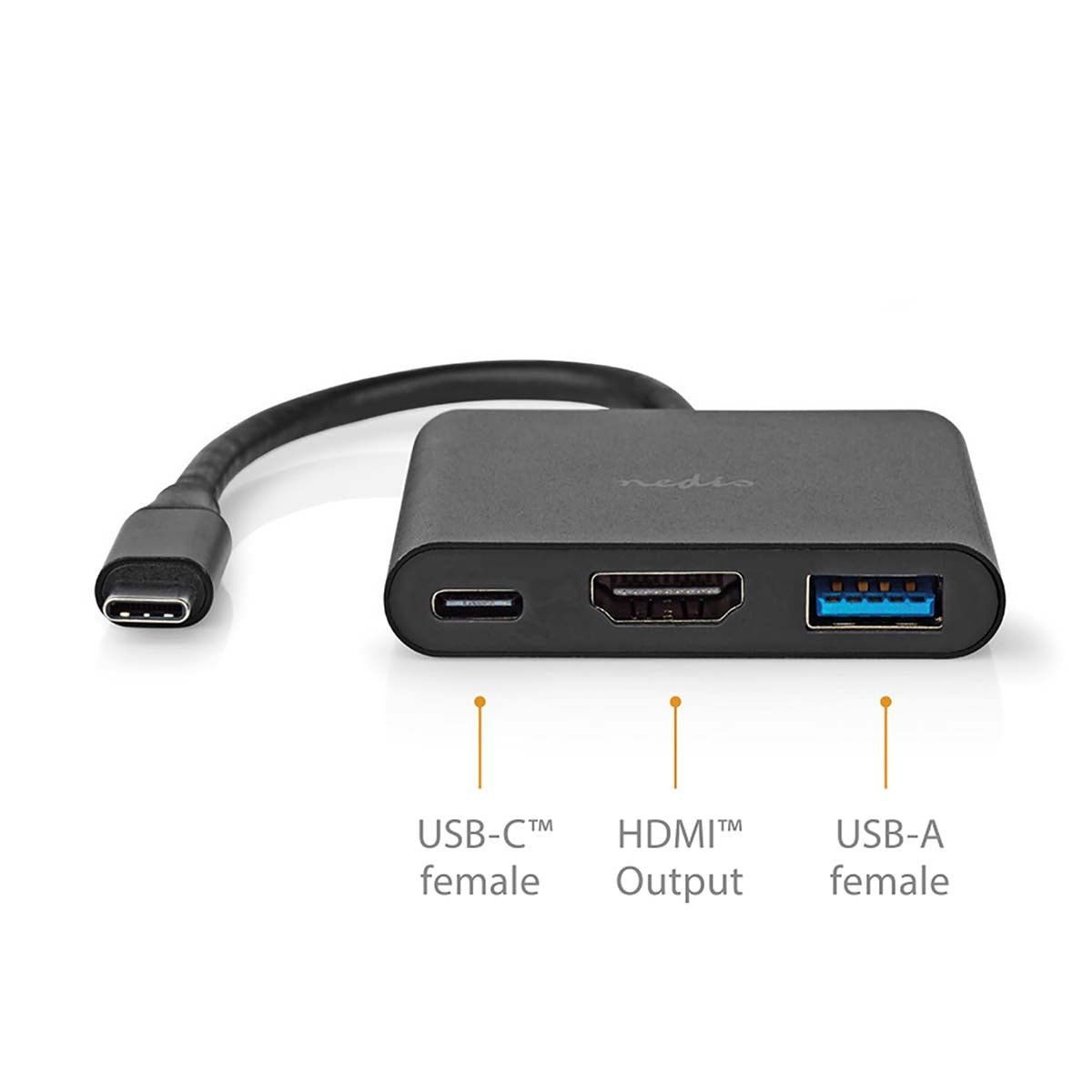 USB Multi-Port Adapter | USB 3.2 Gen 1 | USB-C™ Male | HDMI™ Output / USB-A Female / USB-C™ Female | 5 Gbps | 0.10 m | Round | Nickel Plated | PVC | Black | Box