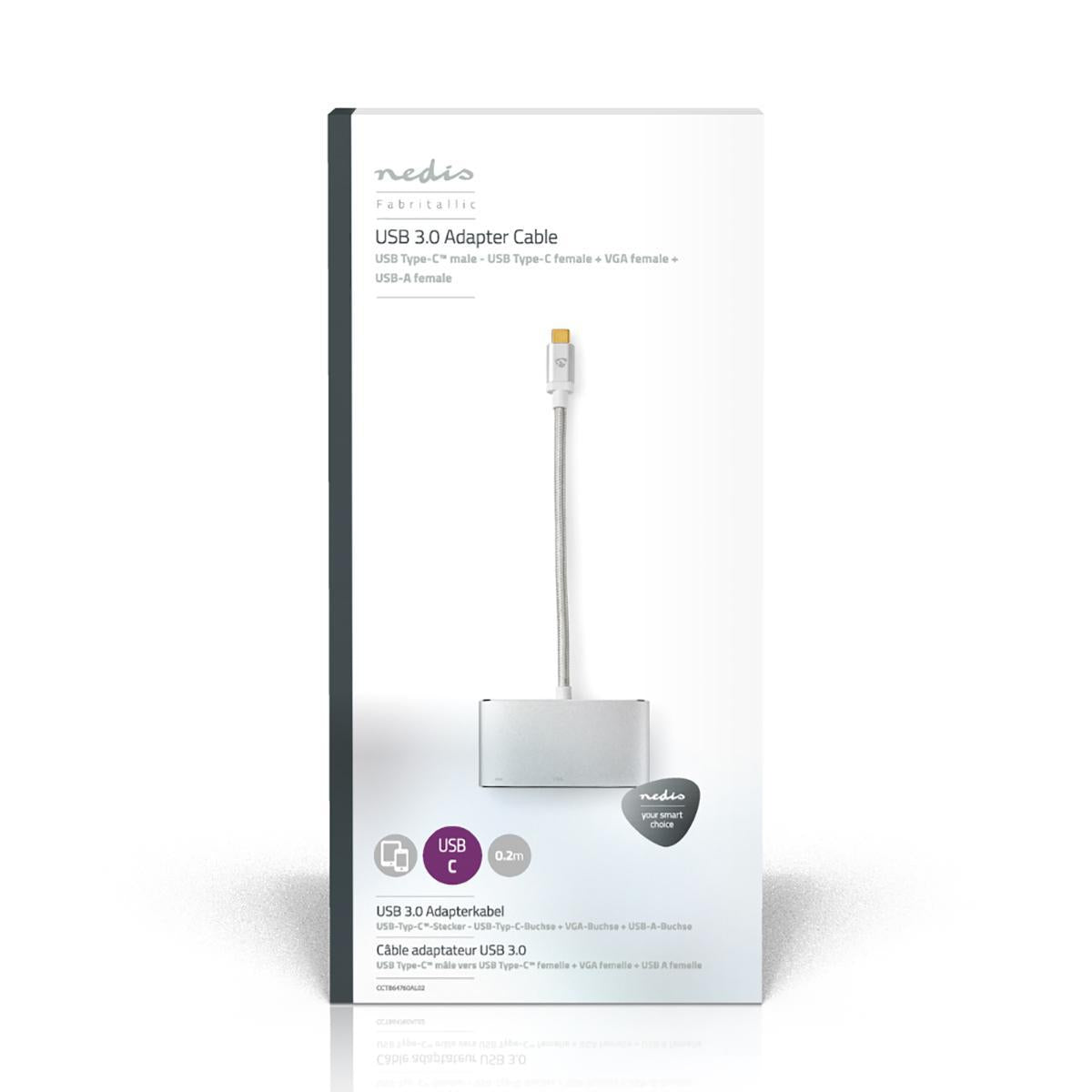 USB Multi-Port Adapter | USB 3.2 Gen 1 | USB-C™ Male | USB-A Female / USB-C™ Female / VGA Female 15p | 5 Gbps | 0.20 m | Round | Gold Plated | Braided / Nylon | Silver | Carton with covered window