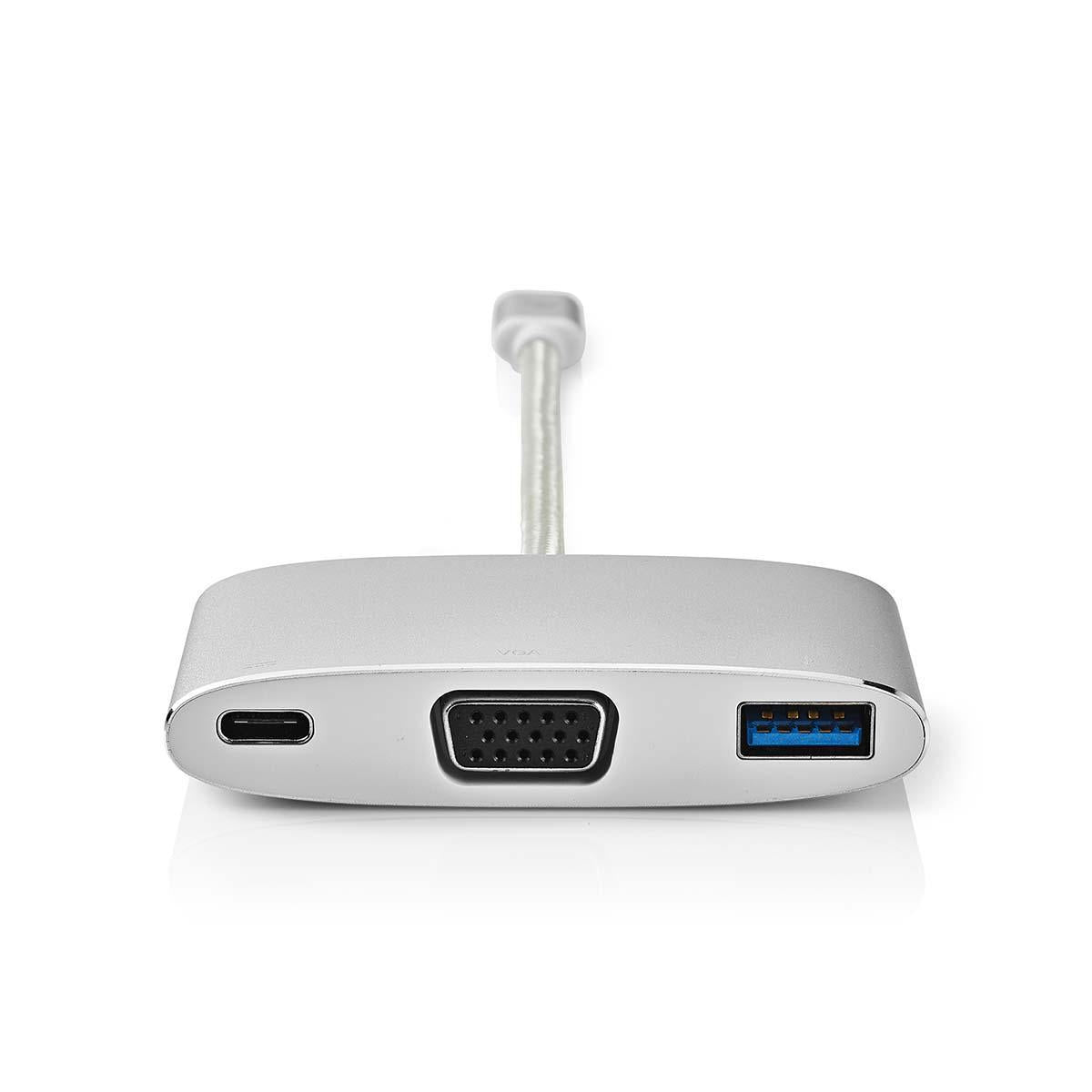 USB Multi-Port Adapter | USB 3.2 Gen 1 | USB-C™ Male | USB-A Female / USB-C™ Female / VGA Female 15p | 5 Gbps | 0.20 m | Round | Gold Plated | Braided / Nylon | Silver | Carton with covered window