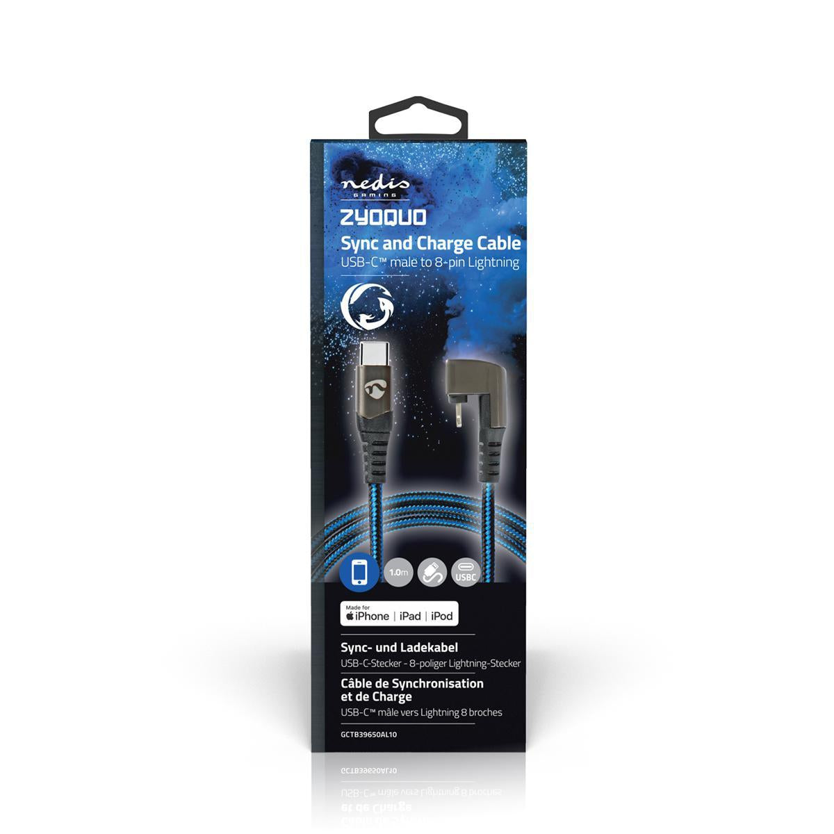 USB cable | USB 2.0 | Apple Lightning, 8-pin | USB-C™ Male | 60 W | 480 Mbps | Nickel Plated | 1.00 m | Round | Braided / Nylon | Blue / Black | Carton with covered window