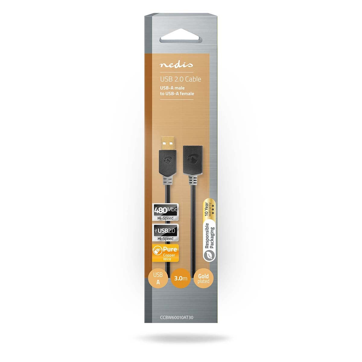 USB cable | USB 2.0 | USB-A Male | USB-A Female | 480 Mbps | Gold Plated | 3.00 m | Round | PVC | Anthracite | Box