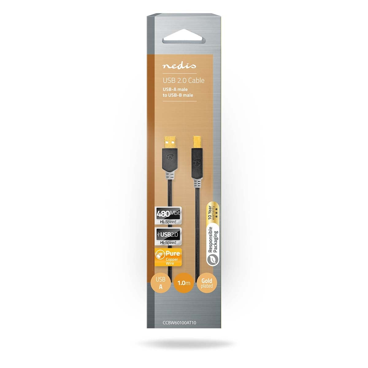 USB cable | USB 2.0 | USB-A Male | USB-B Male | 480 Mbps | Gold Plated | 1.00 m | Round | PVC | Anthracite | Box
