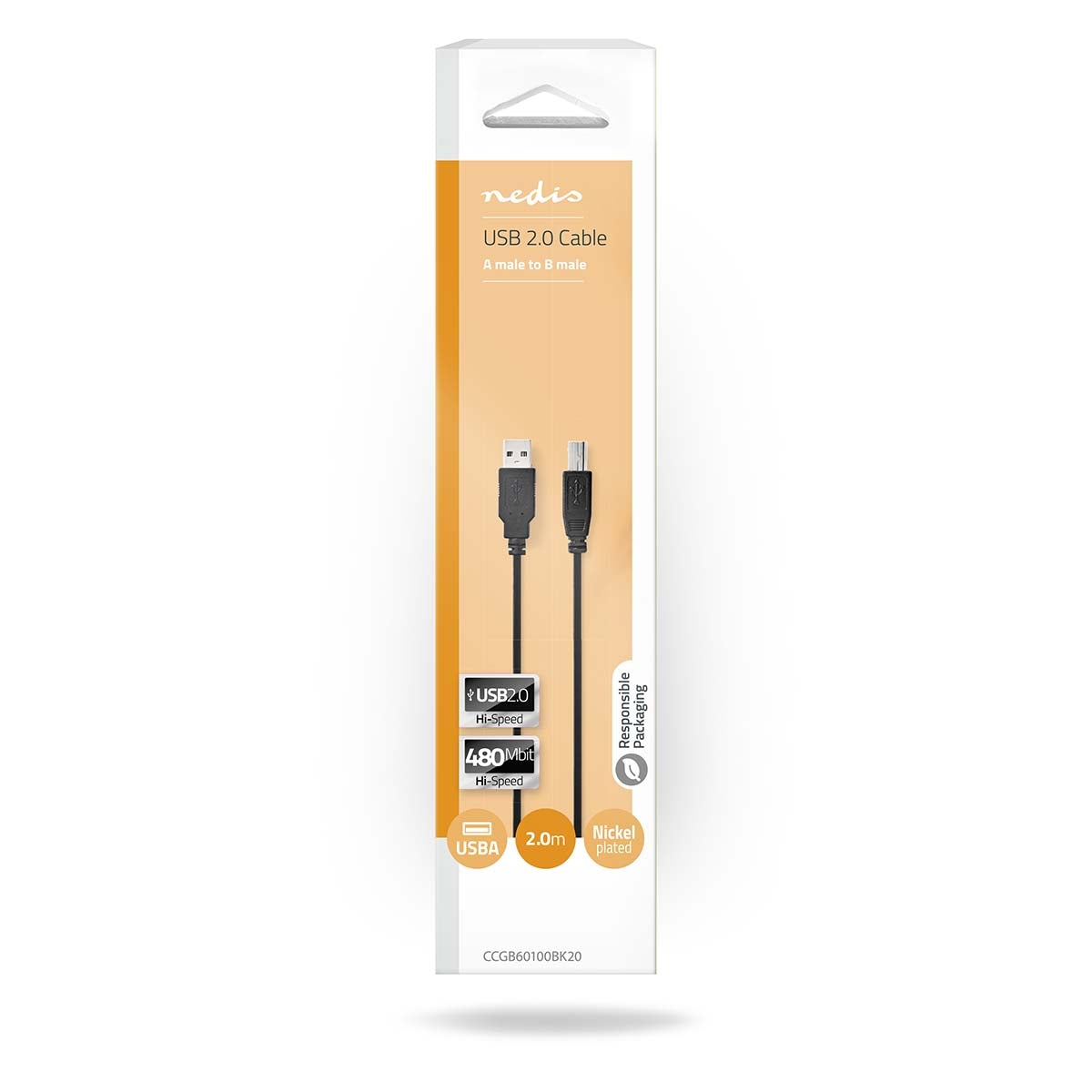 USB cable | USB 2.0 | USB-A Male | USB-B Male | 480 Mbps | Nickel Plated | 2.00 m | Round | PVC | Black | Box