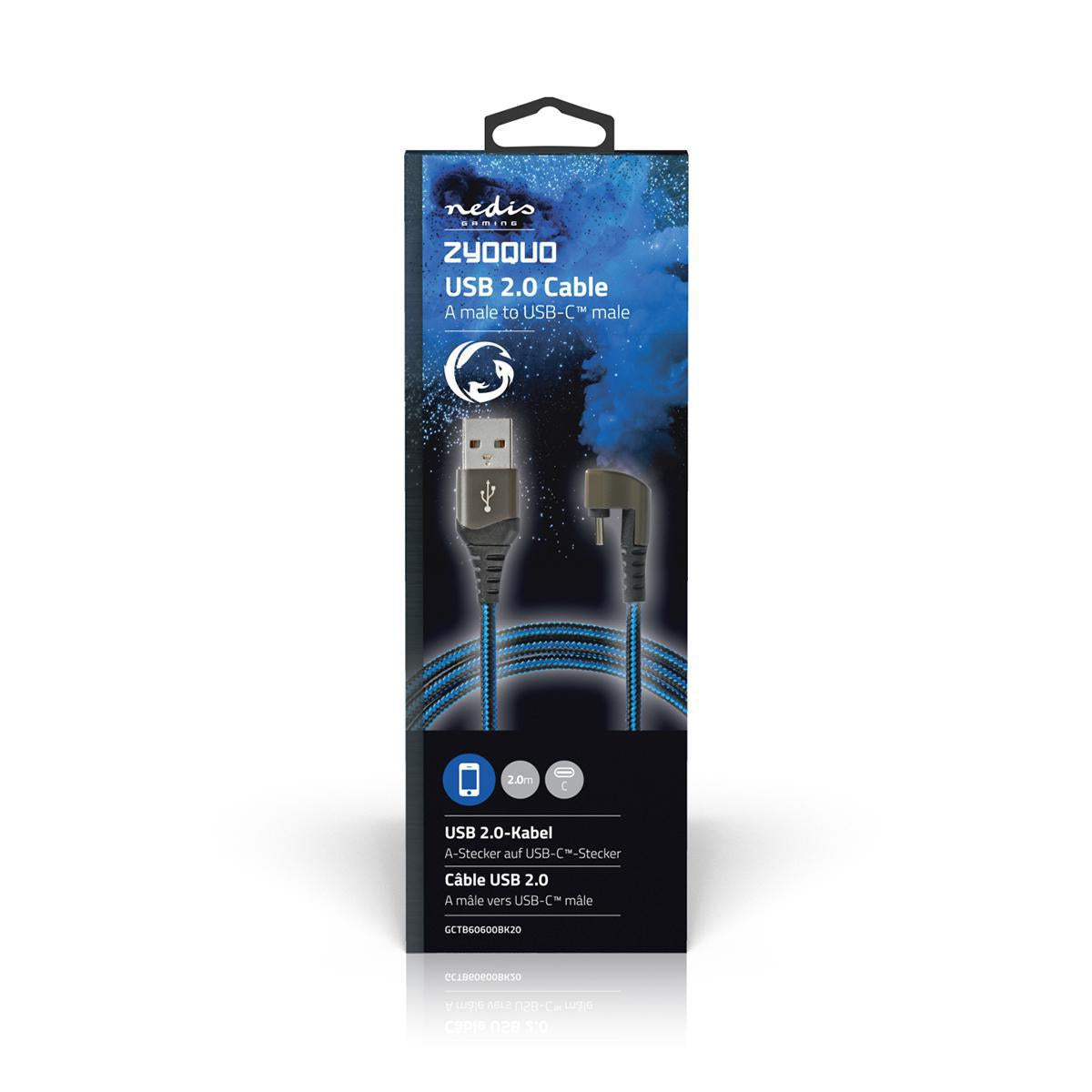 USB cable | USB 2.0 | USB-A Male | USB-C™ Male | 480 Mbps | Gold Plated | 2.00 m | Round | Braided / Nylon | Blue / Black | Carton with covered window