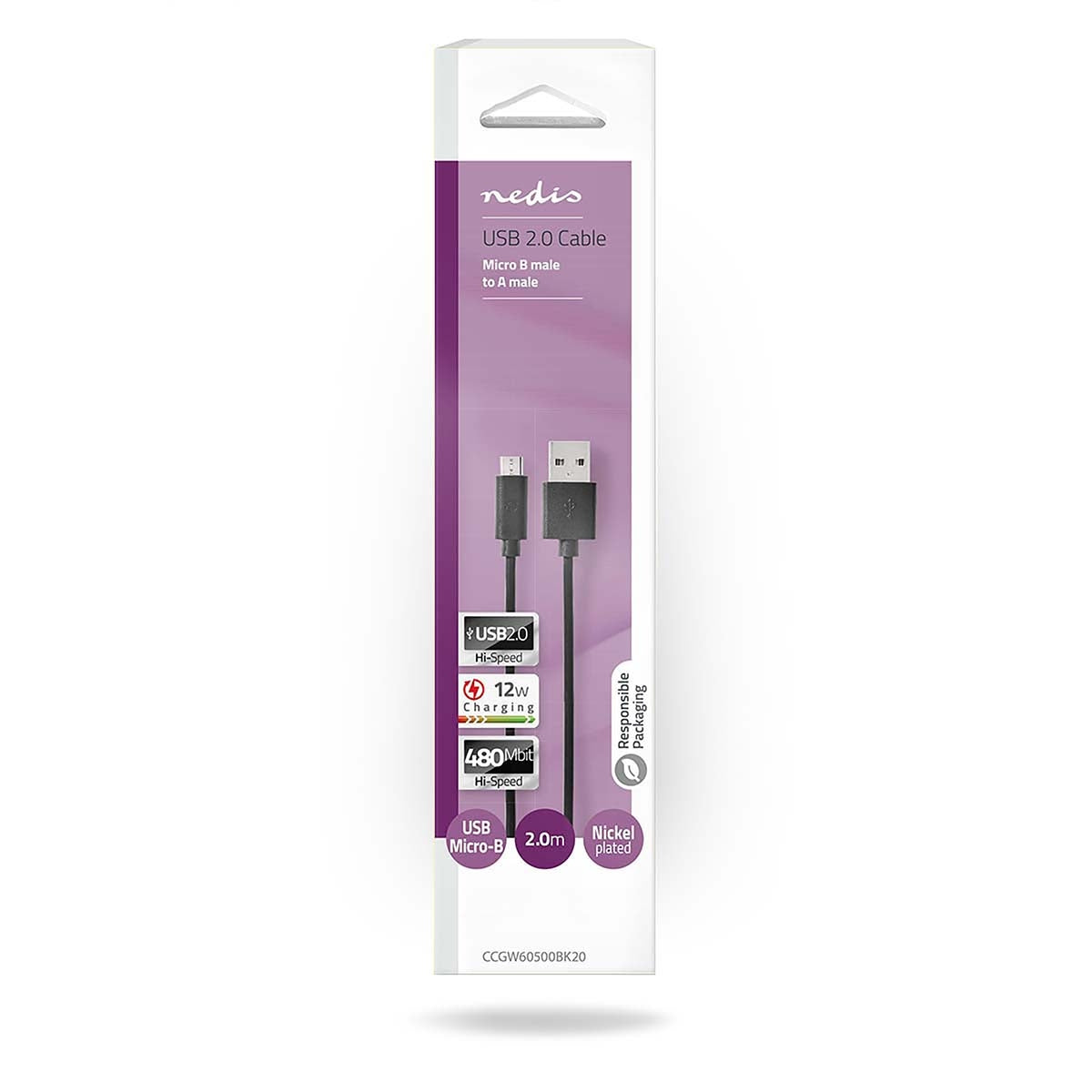 USB cable | USB 2.0 | USB-A Male | USB Micro-B Male | 12 W| 480 Mbps | Nickel Plated | 2.00 m | Round | PVC | Black | Box