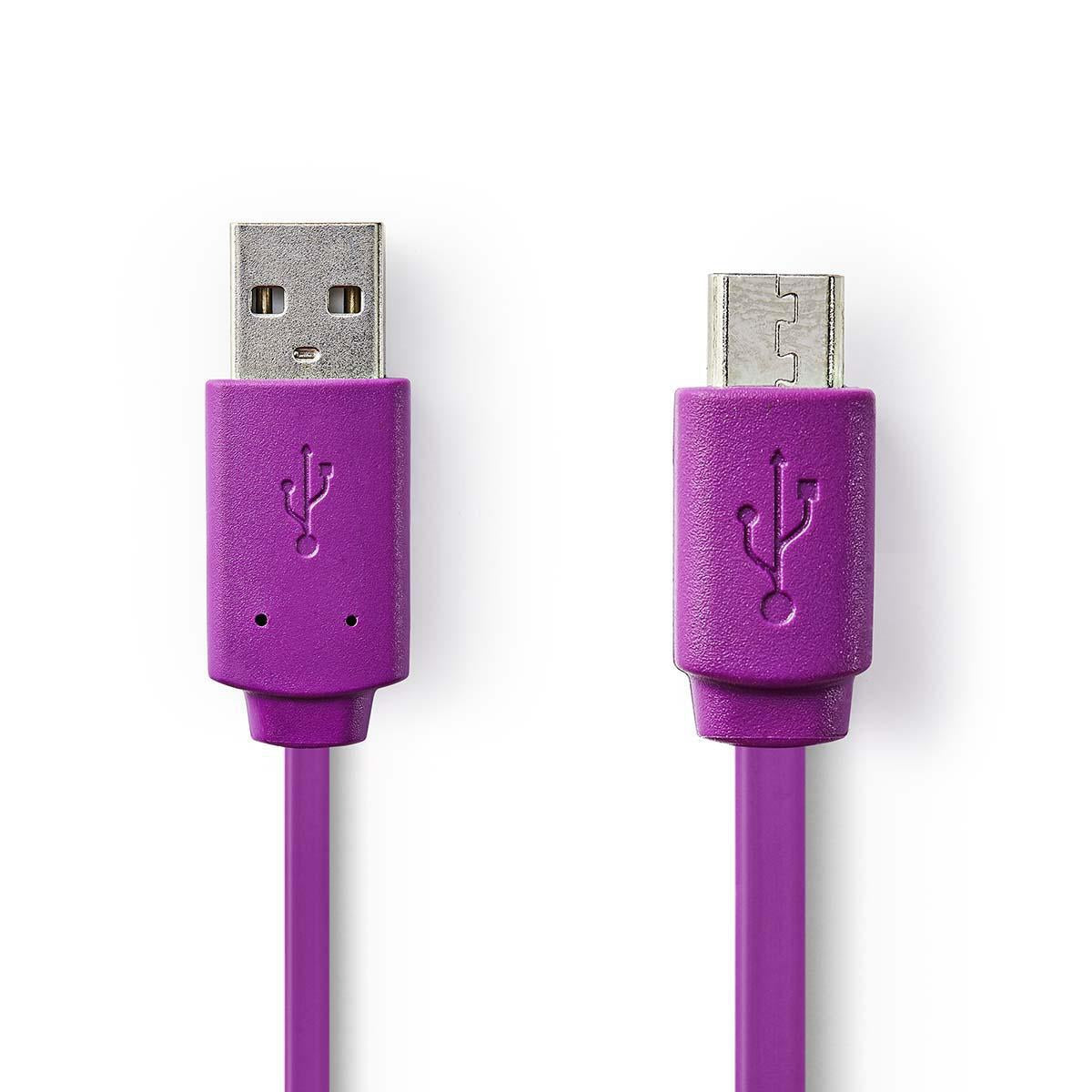 USB cable | USB 2.0 | USB-A Male | USB Micro-B Male | 2.5 W| 480 Mbps | Nickel Plated | 1.00 m | Flat | PVC | Violet | Plastic bag
