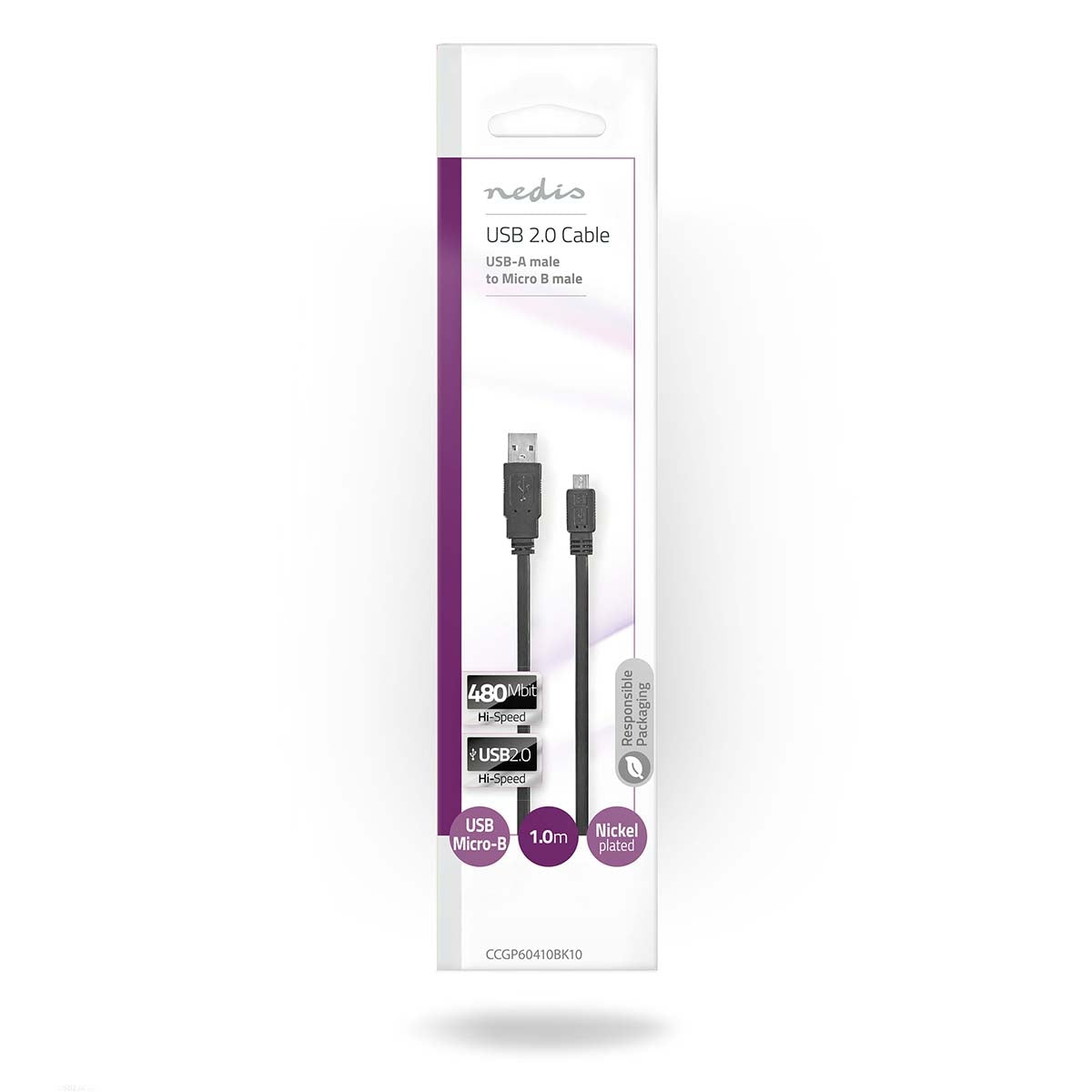 USB cable | USB 2.0 | USB-A Male | USB Micro-B Male | 480 Mbps | Nickel Plated | 1.00 m | Flat | PVC | Black | Plastic bag