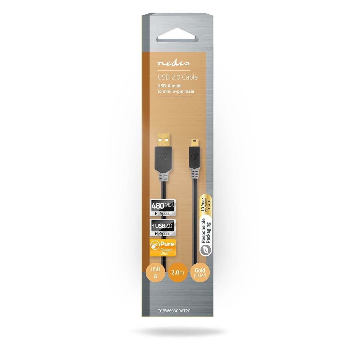 USB cable | USB 2.0 | USB-A Male | USB Mini-B 5 pin Male | 480 Mbps | Gold Plated | 2.00 m | Round | PVC | Anthracite | Cardboard box with window