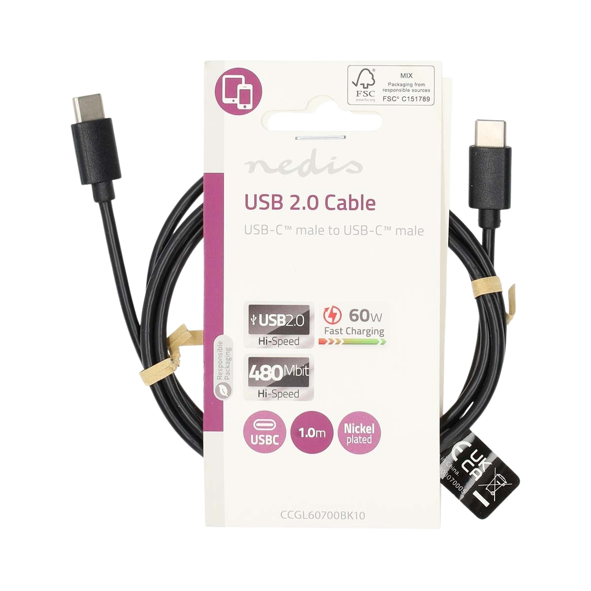 USB cable | USB 2.0 | USB-C™ Male | USB-C™ Male | 60 W | 480 Mbps | Nickel Plated | 1.00 m | Round | PVC | Black | Label