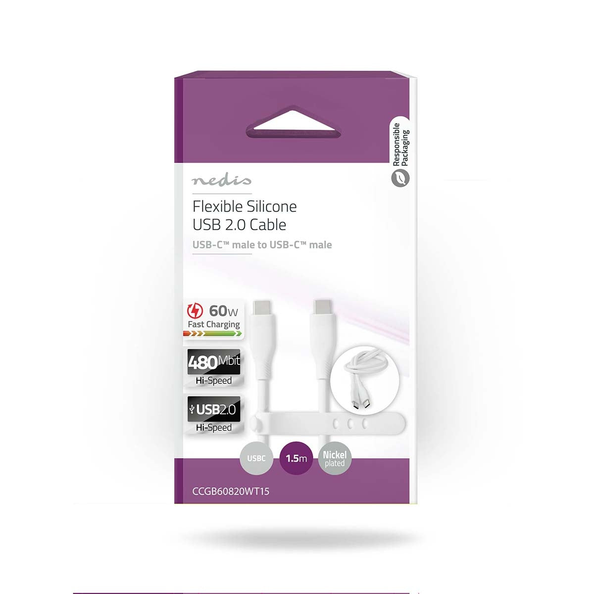 USB cable | USB 2.0 | USB-C™ Male | USB-C™ Male | 60 W | 480 Mbps | Nickel Plated | 1.50 m | Round | Silicone | White | Box
